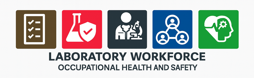 Logo with text Laboratory Workforce Occupational Health and Safety. Includes five squares with color contrasting with white logos. The first is brown with a checklist, the second red with a flask and a shield with a check mark inside, the third is black and depicts a scientist with a microscope, the fourth is blue and depicts connection between three people, the fifth is green and shows half of a heart and the other half as a profile of a person with a gear inside their head.